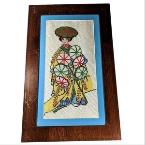 Vintage Hand Made Cross Stitch Japanese Geisha Matted Framed Chinoiserie 12x19